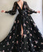 A-line Deep V-neck Long Sleeves Balck Lace Appliques Prom Dresses With Pleats, PD1018