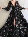 A-line Deep V-neck Long Sleeves Balck Lace Appliques Prom Dresses With Pleats, PD1018