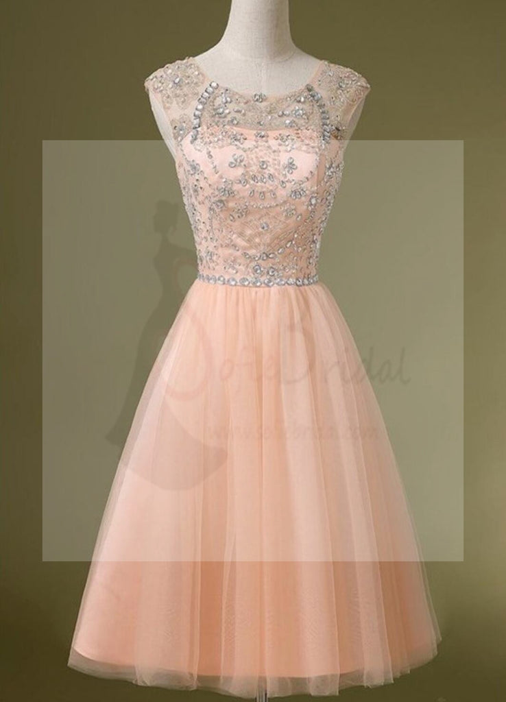 Peach Tulle Beaded Short Cute homecoming prom dresses, CM0031