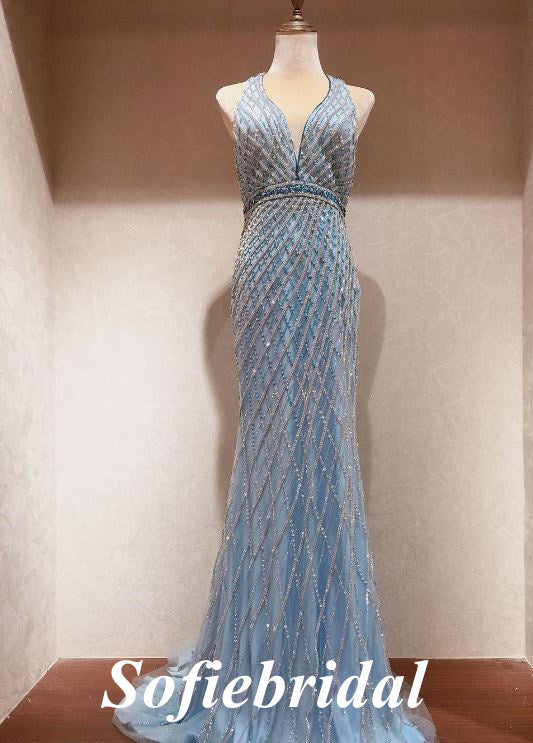 Elegant Special Fabric Spaghetti Straps V-Neck Sleeveless Mermaid Long Prom Dresses,PD0742