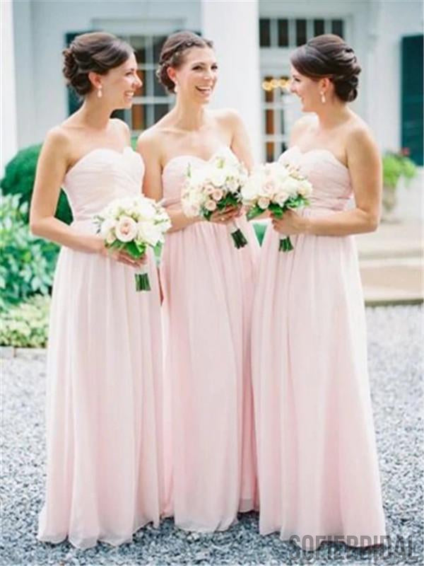 A-line Floor-length Sweetheart Strapless Pink Chiffon Bridesmaid Dresses, BD1044