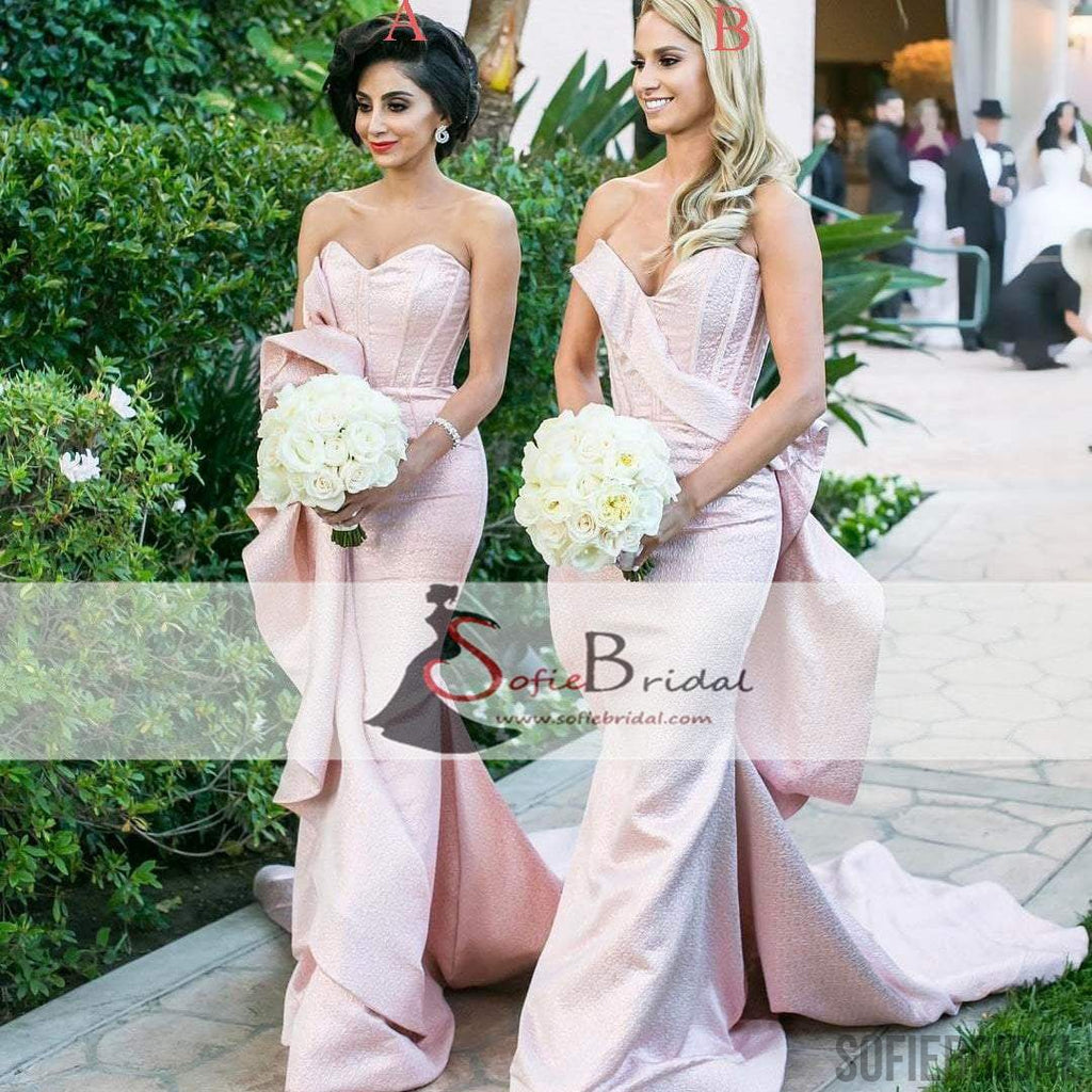 Mismatched Pink Mermaid Ruffles Bridesmaid Dresses, Lace Up Long Train Bridesmaid Dresses, PD0480