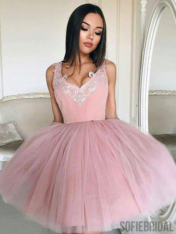 Cheap V Neck Tulle Cute Pink Homecoming Dresses 2018, CM439 – SofieBridal
