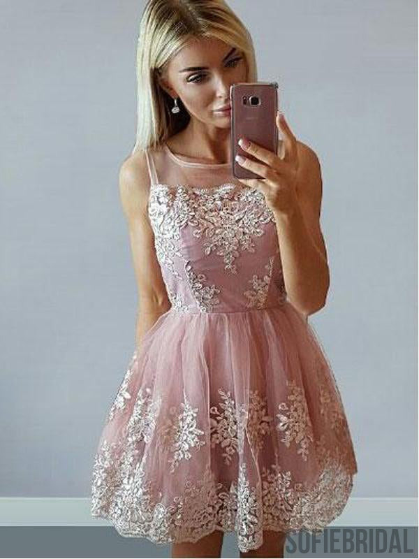 Cheap Cute Pink Scoop Straps Lace Homecoming Dresses 2018, CM473