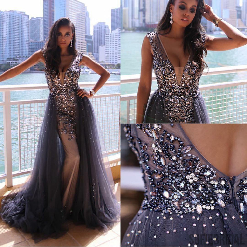 Plunging V-neck Rhinestone Beaded Prom Dresses With Tulle Skirt, PD0796