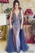 Plunging V-neck Rhinestone Beaded Prom Dresses With Tulle Skirt, PD0796