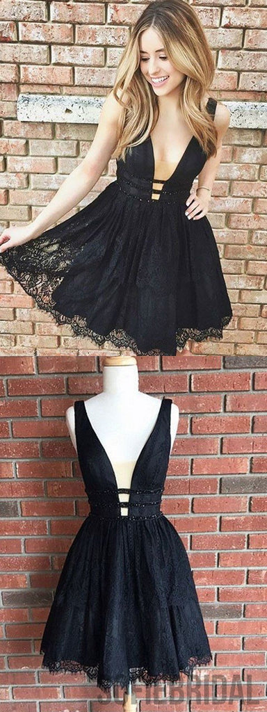 A-line Deep V-neck Sleeveless Full Lace Black Homecoming Dresses, HD0107