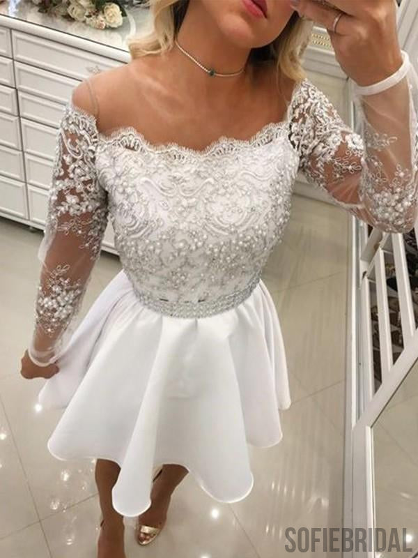 A-line Off-shoulder Long Sleeves Lace Beading Homecoming Dresses, HD0109