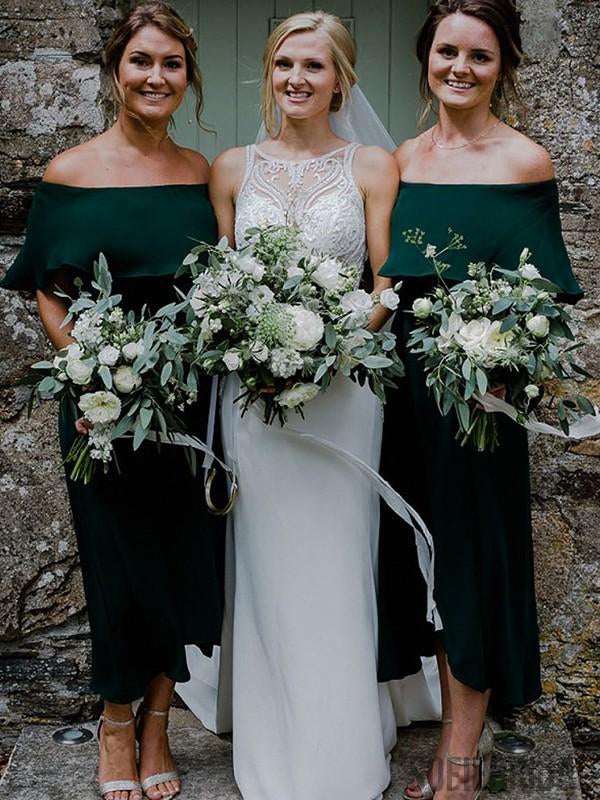 A-Line Off-shoulder Ruffles Dark Green Bridesmaid Dresses, BD1024