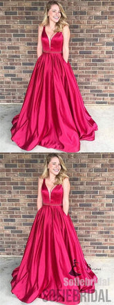 V-neck Satin Prom Dresses, Beaded Prom Dresses, A-line Prom Dresses, Cheap Prom Dresses, PD0650
