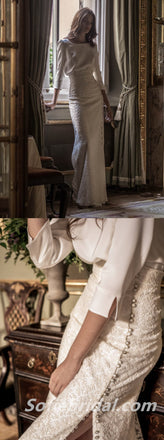 Gorgeous Two Pieces Top Satin Bottom Lace 3/4 Sleeve Sheath Long Wedding Dresses,SFWD0065