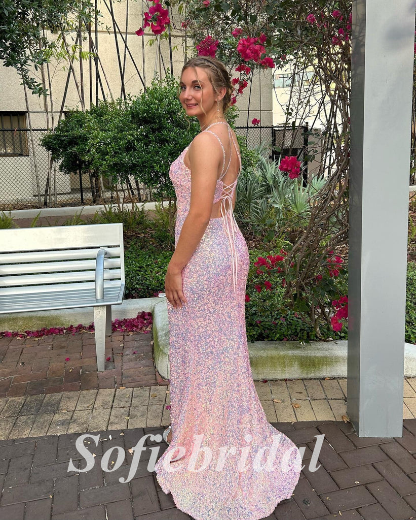 Sexy Sequin Spaghetti Straps V-Neck Lace Up Back Sleeveless Side Slit Mermaid Long Prom Dresses, PD0868