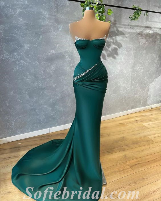 Sexy Dark Green Satin Sweetheart Sleeveless Mermaid Long Prom Dresses,SFPD0457