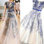 Gorgeous Round Neck Cap Sleeve Elegant Long A-line Tulle Lace Prom Dresses, PD0244
