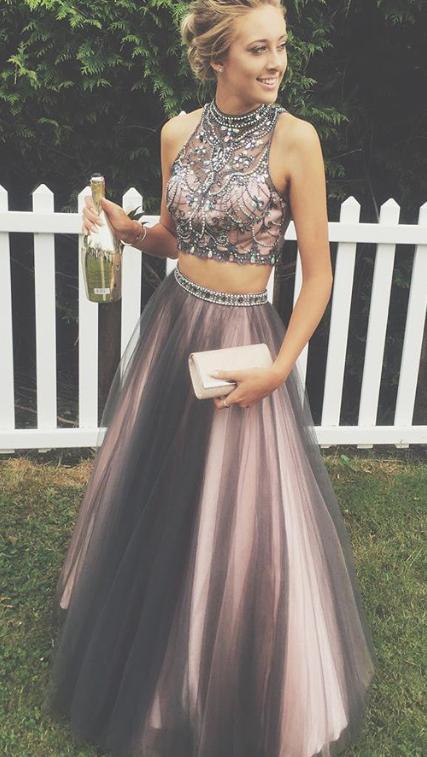 2 pieces Rhinestone Beaded Tulle Prom Dresses, Popular Affordable Long Prom Dresses, PD0318