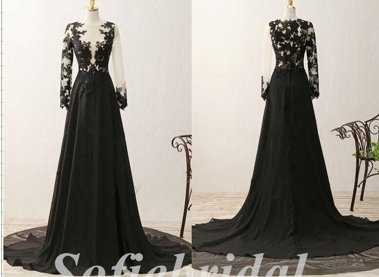 Elegant Black Lace And Tulle Long Sleeve A-Line Long Prom Dresses,SFPD0678
