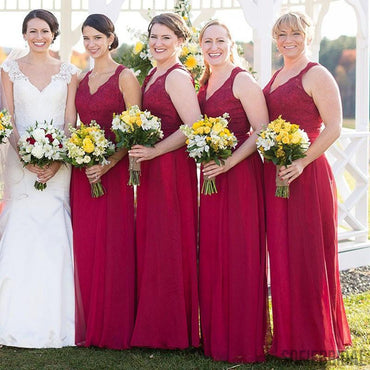 Long Red Lace Top V-Neck Long A-line Chiffon Bridesmaid Dresses, PD0298