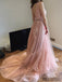 Charming Pink Lace Tulle Long A-line V-back Elegant Little Train Wedding Dresses, WD0120