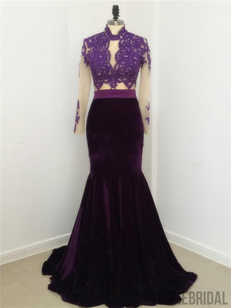Mermaid High Neck Long Sleeves Purple Prom Dress, PD0999
