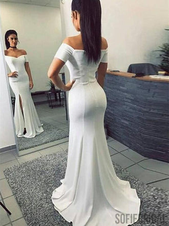 Simple Mermaid Off-shoulder Split White Long Prom Dress, PD0997
