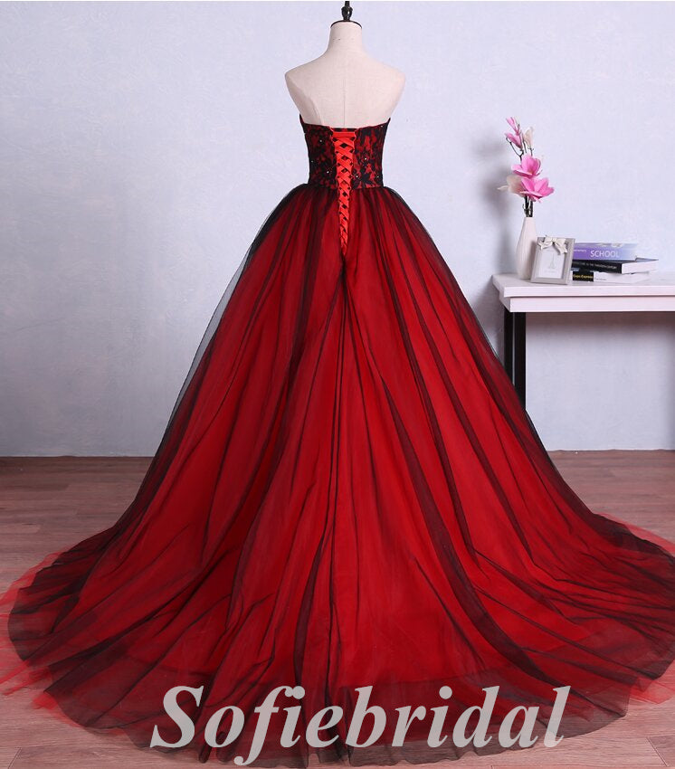 Elagant Tulle And Lace Sweetheart Sleeveless Lace Up Back A-Line Long Prom Dresses With Beading,SFPD0682