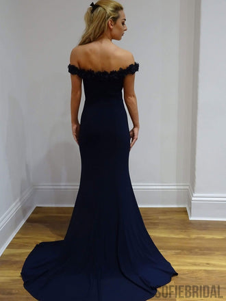 Navy Off Shoulder Floral Mermaid Long Prom Dresses, PD0812