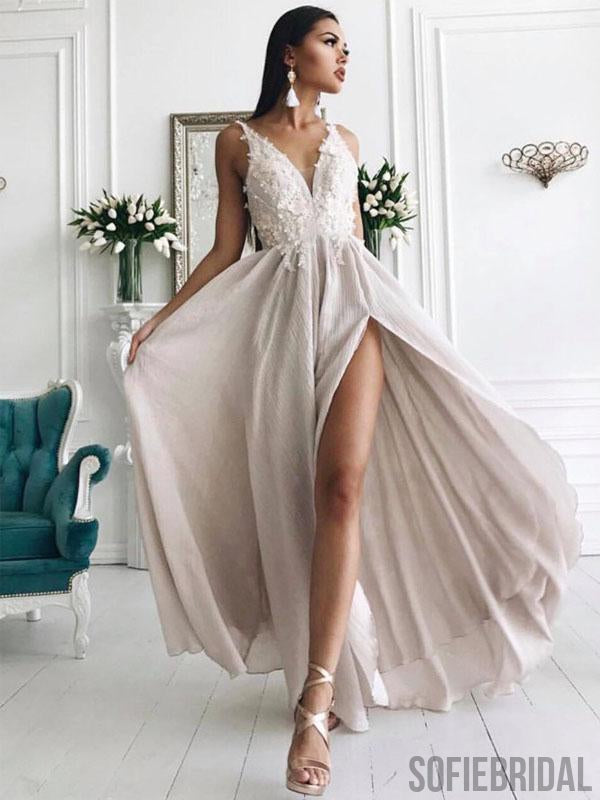 V-neck Long Side Slit Ivory Lace Appliques Prom Dresses, Cheap Prom Dresses, PD0767