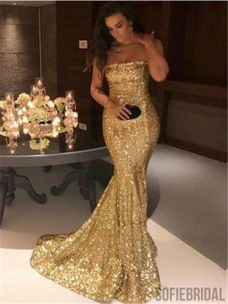 Strapless Gold Sequin Mermaid Prom Dresses, Sexy Prom Dresses, Popular Prom Dresses, PD0621