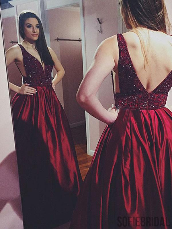 Red Beaded Satin Prom Dresses, Long A-line Prom Dresses, Cheap Prom Dresses, PD0711