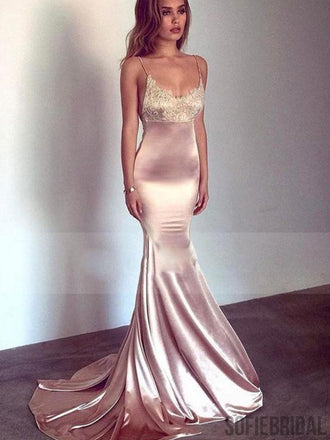 Spaghetti Long Mermaid Lace Satin Prom Dresses, Cheap Prom Dresses , PD0786