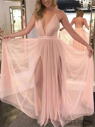Deep V-neck Prom Dresses, Sexy Prom Dresses, Blush Pink Prom Dresses, Prom Dresses, PD0624