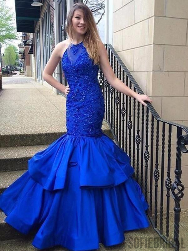 Halter Long Mermaid Royal Blue Satin Lace Beaded Prom Dresses, PD0890 SofieBridal Halter Long Mermaid Royal Blue Satin Lace Beaded Prom Dresses, PD0890 SofieBridal