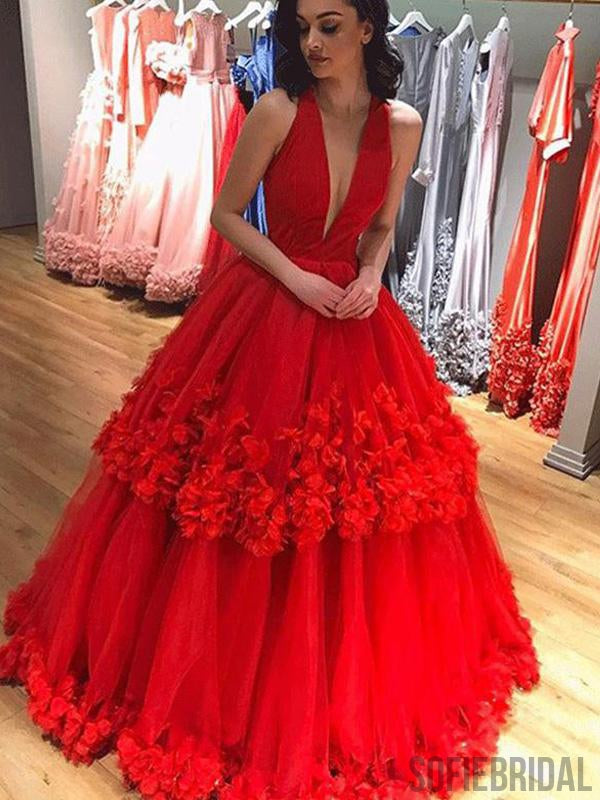 Deep V-neck Red Floral Long A-line Ball Gown, Prom Dresses, PD0963 SofieBridal Deep V-neck Red Floral Long A-line Ball Gown, Prom Dresses, PD0963 SofieBridal