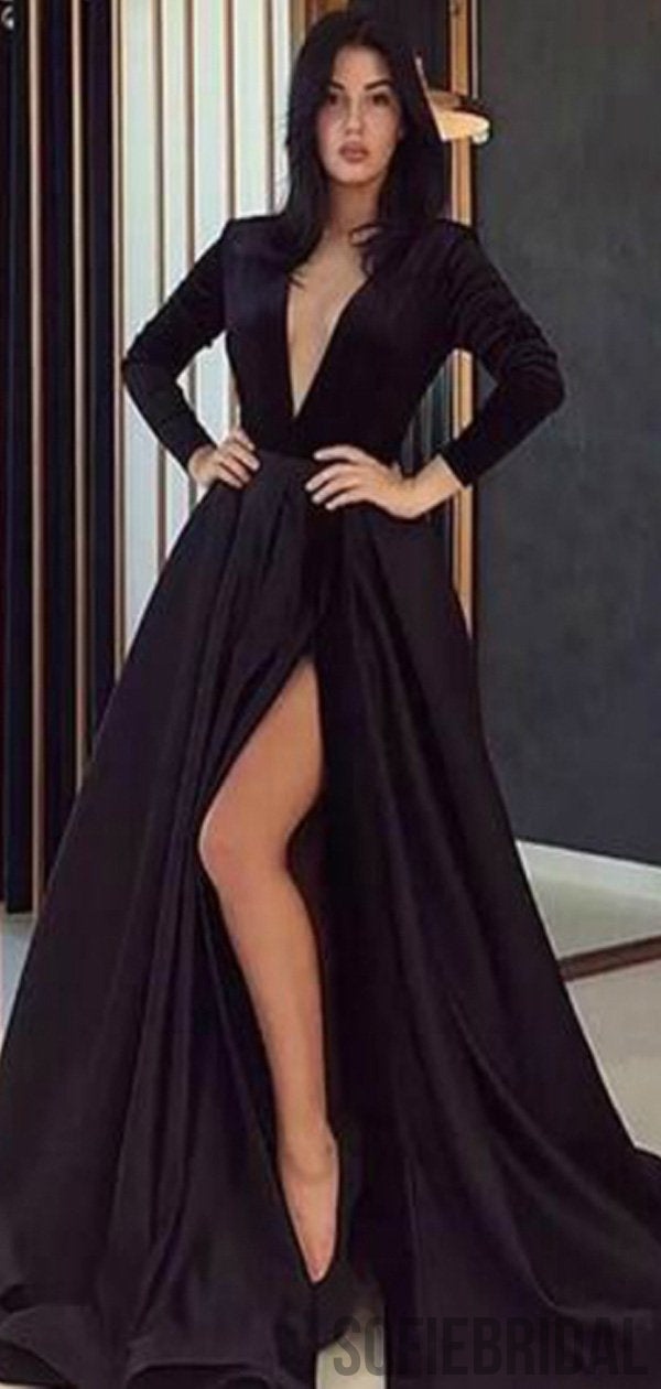 long black dress with slit and sleeves Long Sleeves V Neck Split Formal Dresses Lisposa