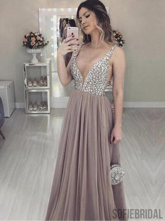 V-neck Rhinestone Long A-line Side Slit Prom Dresses, PD0980