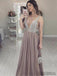 V-neck long A-line Rhinestone Tulle Prom Dresses, PD0979