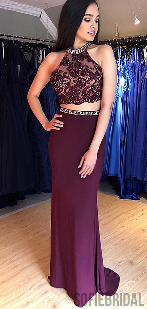 2 Pieces Prom Dresses, Halter Lace Beaded Mermaid Prom Dresses, PD0819