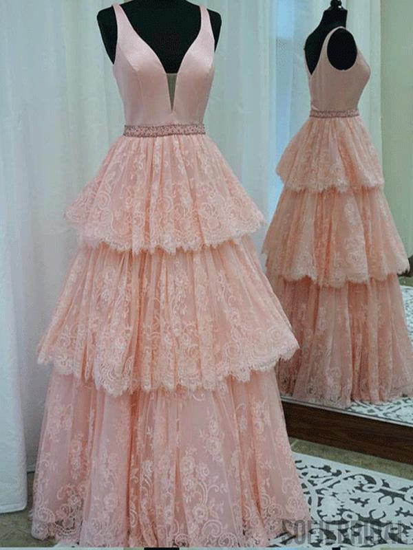 V-neck Pink Lace Long A-line Beaded Prom Dresses, PD0946