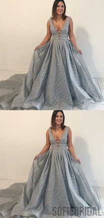 V-neck Special Grey Sequin Tulle Long Prom Dresses, A-line Prom Dresses , PD0783