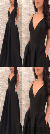 Spaghetti Black Satin Prom Dresses, V-neck Prom Dresses, Long Prom Dresses, Prom Dresses, PD0597