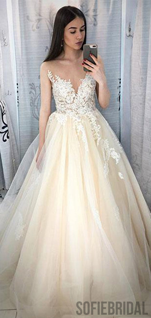 Ivory Lace Tulle Long A-line Prom Dresses/Wedding Dresses, PD0792