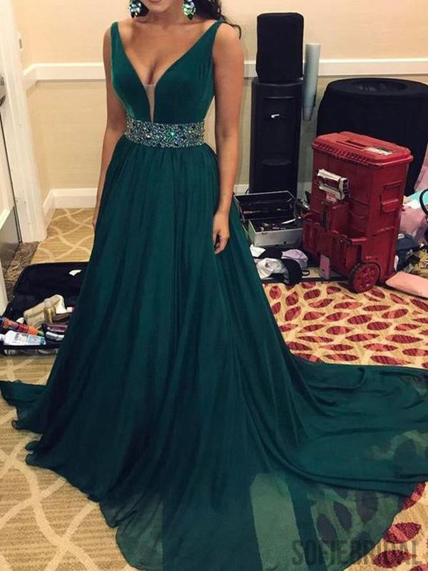 V-neck Long A-line Beaded Emerald Green Chiffon Prom dresses, PD0985 SofieBridal V-neck Long A-line Beaded Emerald Green Chiffon Prom dresses, PD0985 SofieBridal