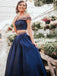 2 Pieces Navy Satin Beaded Off Shoulder Prom Dresses, PD0873