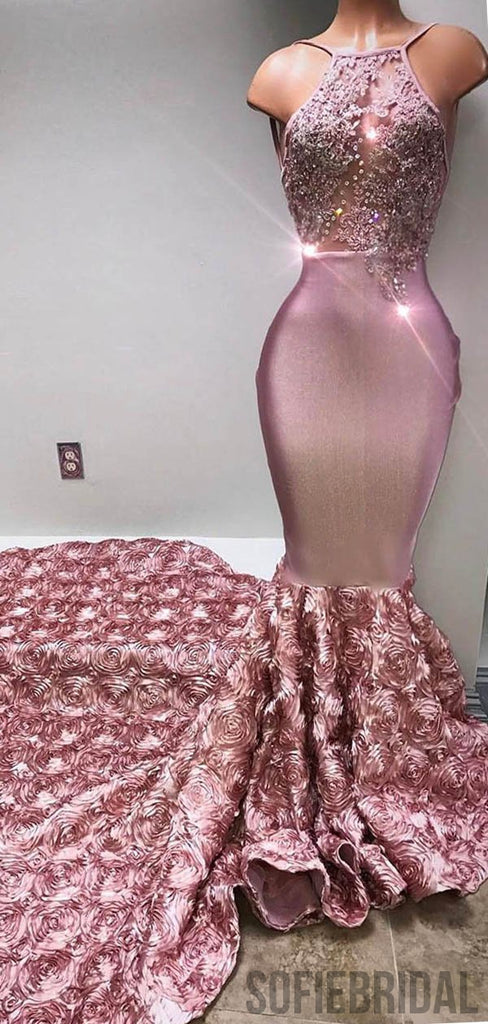 3D Rose Flower Long Mermaid Lace Beaded Prom Dresses, PD0801