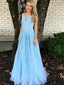 V-neck Light Blue Lace Tulle Long Prom Dresses, PD0957