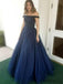 Off Shoulder Long A-line Navy Tulle Beaded Prom Dresses, PD0954