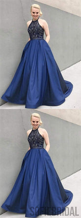 Halter Rhinestone Beaded Prom Dresses, Satin A-line Prom Dresses, Cheap Prom Dresses, PD0666