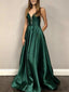 V-neck Long A-line Emerald Green Satin Prom Dresses, PD0974