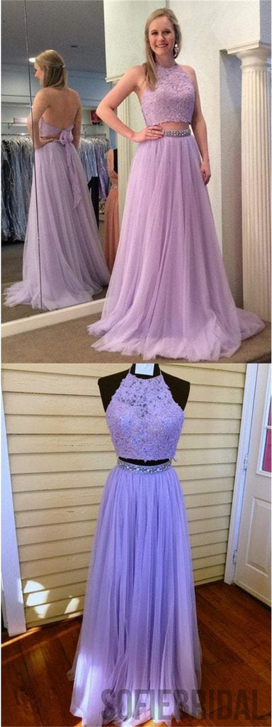 2 Pieces Lace Tulle Prom Dresses, Beaded Prom Dresses, Lilac Prom Dresses, Prom Dresses, PD0608