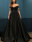 Off Shoulder Long A-line Black Satin Lace Beaded Prom Dresses, PD0977